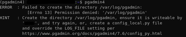 Error: Failed to create the directory pgadmin...